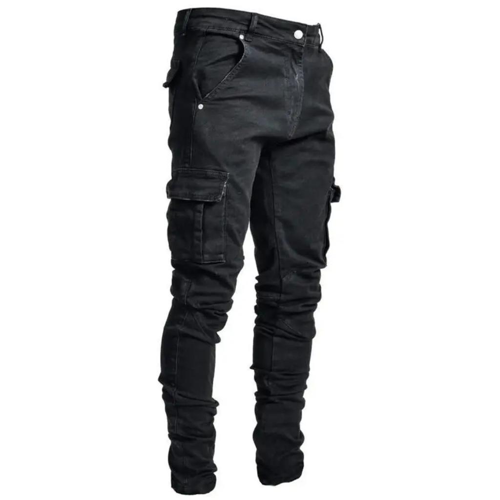 DRIPX Street Elastic Jeans Men Denim Cargo Pants Wash Solid Color Multi Pockets Casual Mid Waist Trousers Slim Fit Daily Wear Joggers