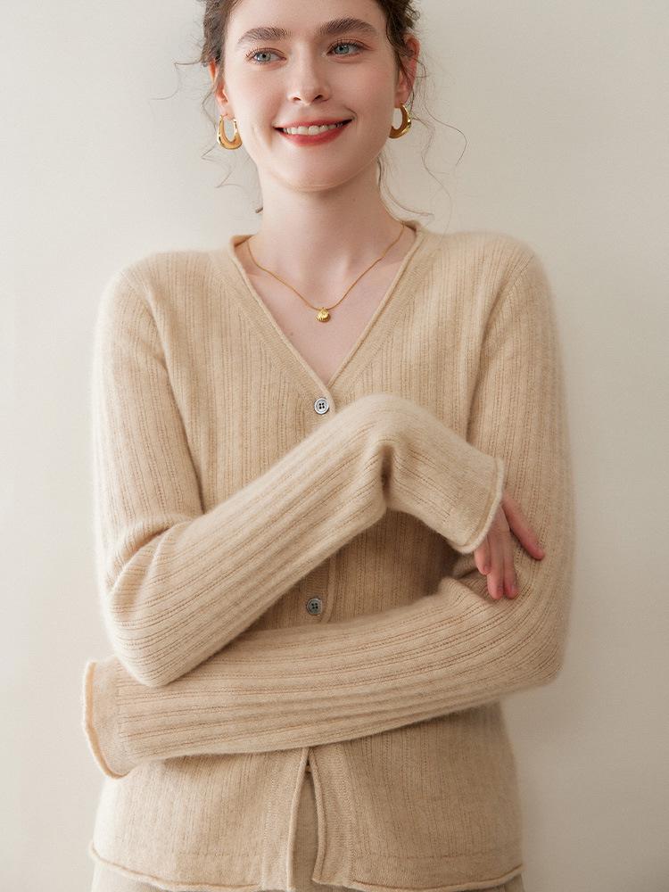 Women's Ribbed V-Neck Cashmere Cardigan - Long Sleeve, Loose Fit, Casual Base Layer Sweater.