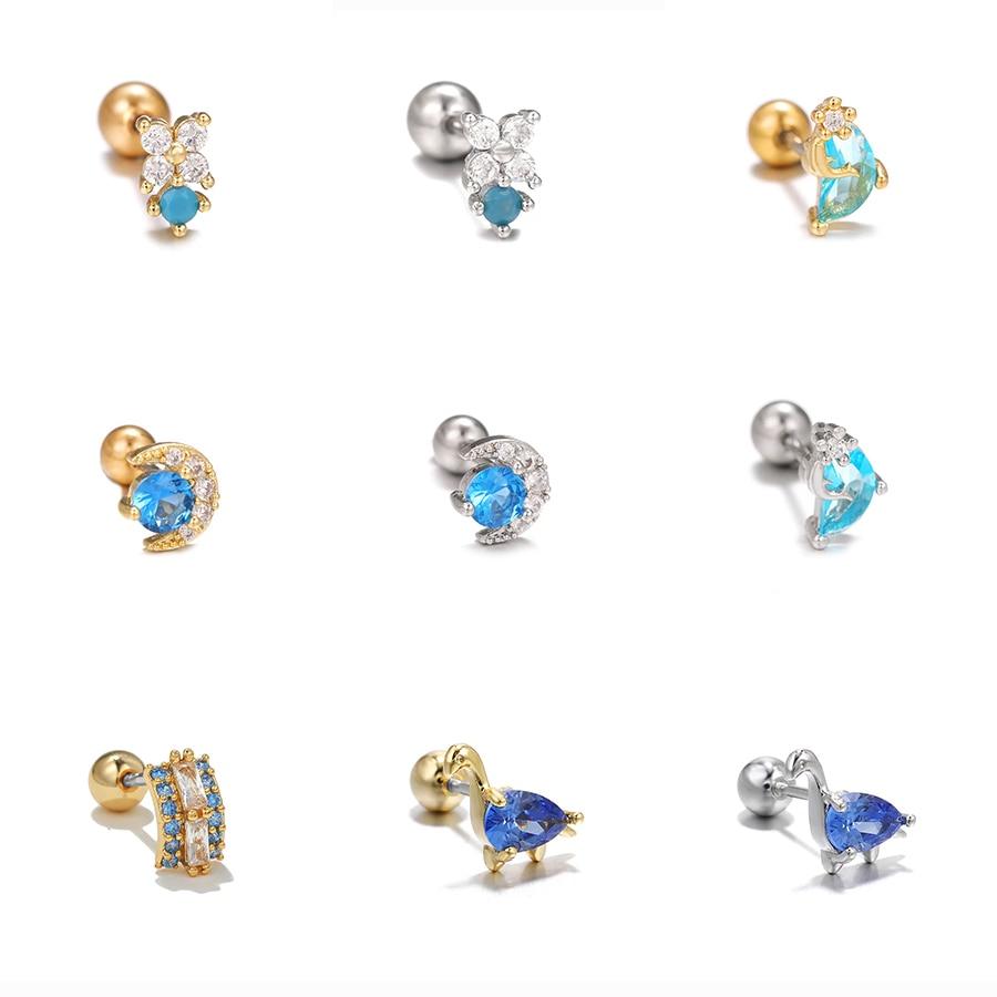 1PC Fashion Moon Ear Cartilage Piercing Earrings Women Stainless Steel Conch Tragus Flower Dinosaur Stud Earrings Body Jewelry