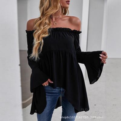 Women's Spring and Summer Off-Shoulder Bell Sleeve Irregular Shirt Loose Casual Top