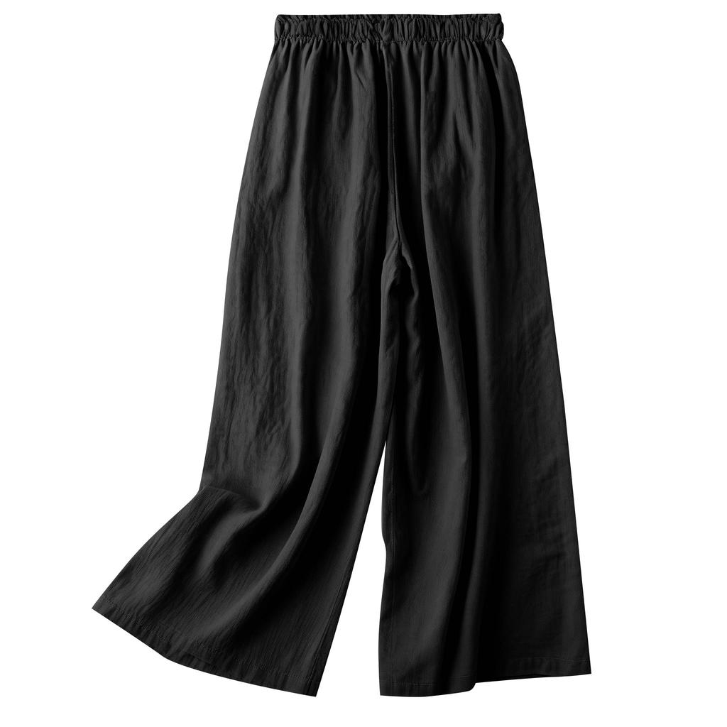 Women's Casual Loose Fit Cotton Linen Blend Lightweight Vintage Ethnic Embroidered Wide Leg Pants Versatile And Flattering 9/10 Length Cropped Pants