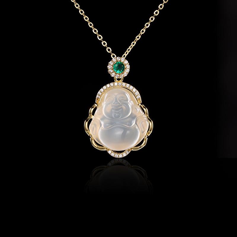 Women's Imitation Chalcedony Buddha Pendant Necklace - New Chinese Style Clavicle Chain Trend.