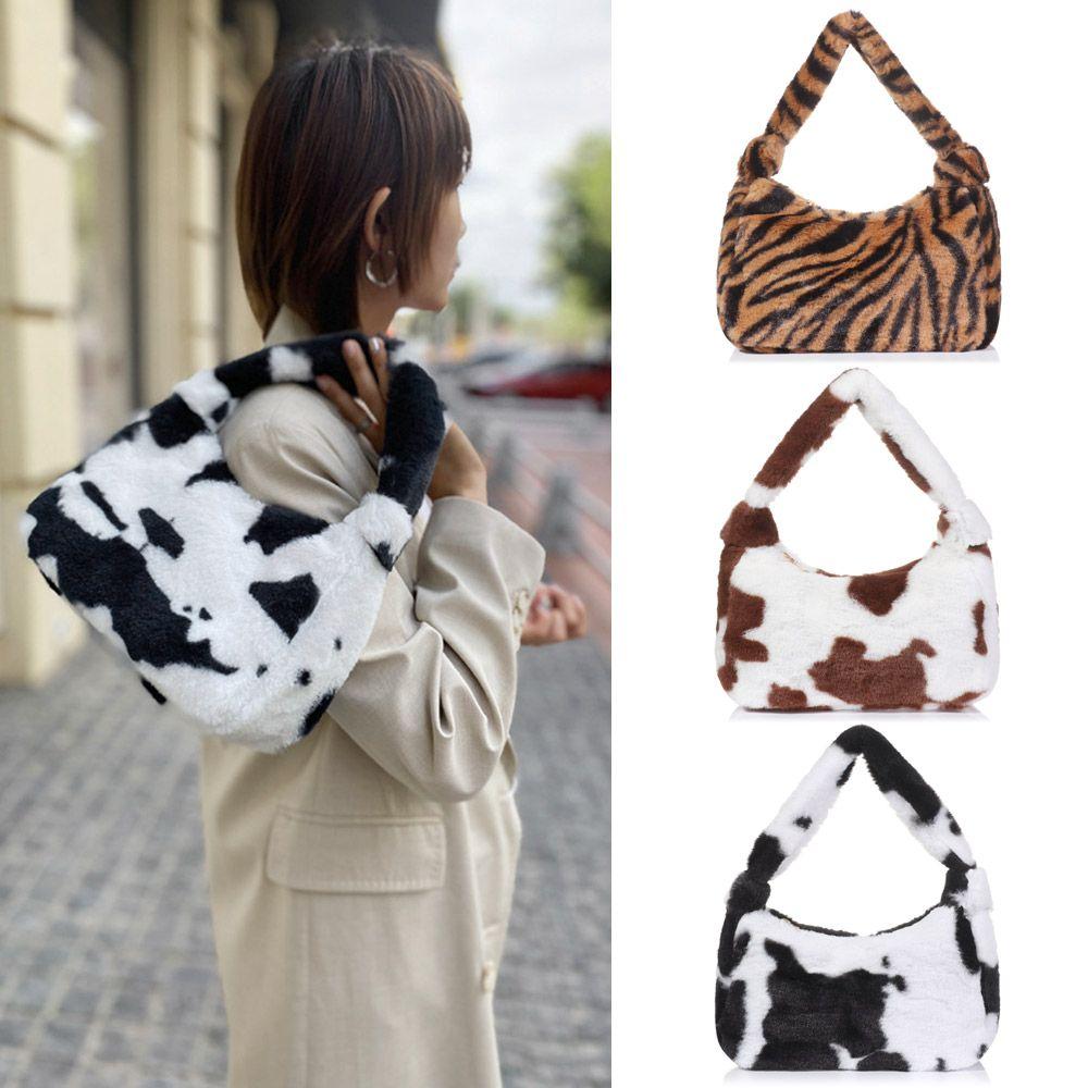 Buy Cow Pattern Female Tote Bag Women Hobos Handbags Faux Fur Crossbody Bags Warm Plush Bags
