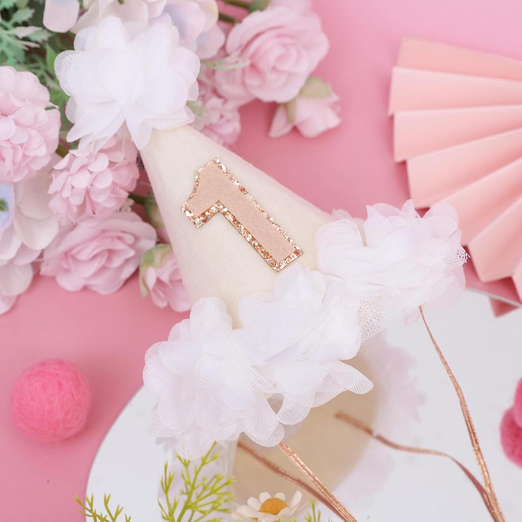 White Flower 1st Birthday Hat - First Birthday Decorations For Girls,Felt Cone Party Hat Photo Props,1st Birthday Hat With White Gauze Flowers,Little