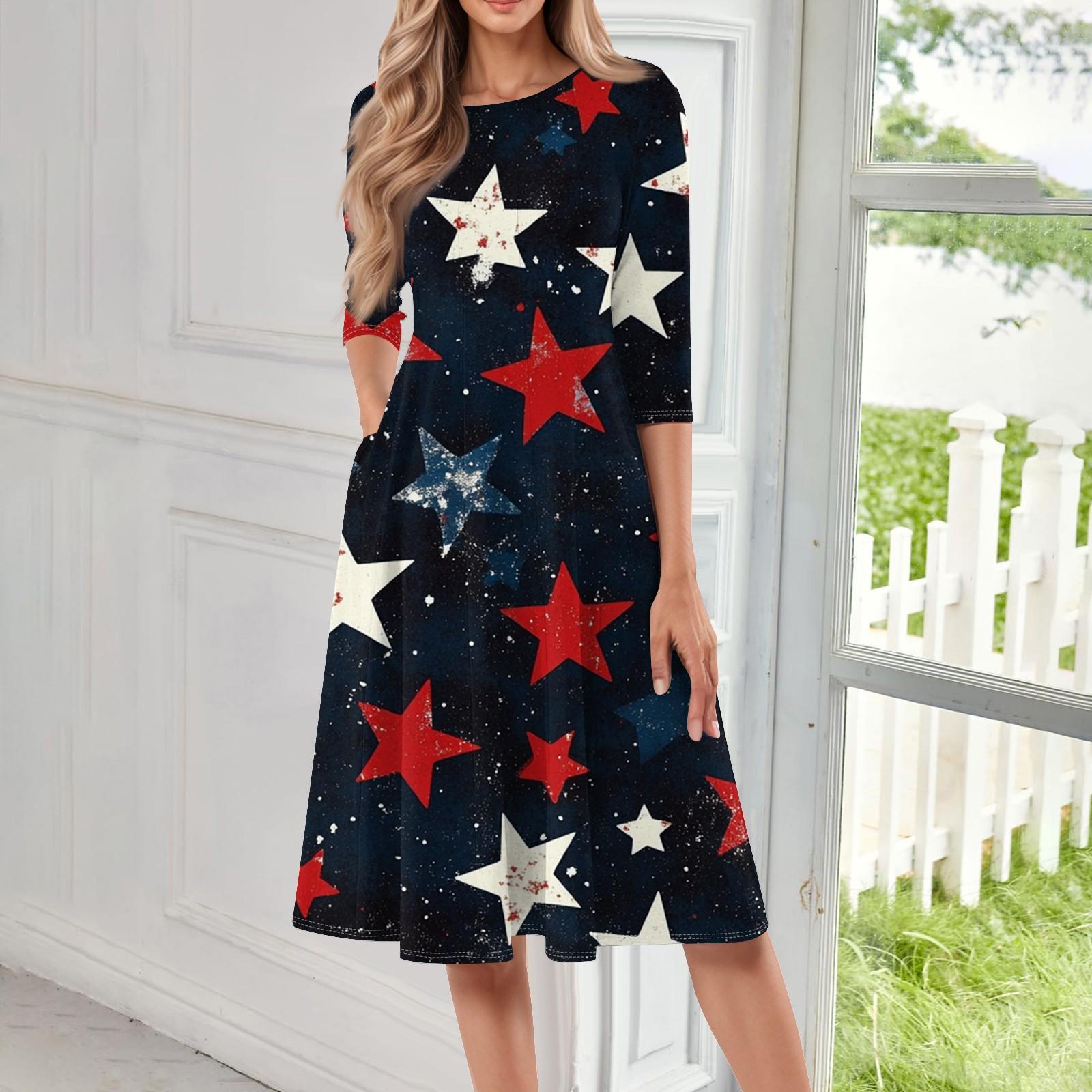 

Жіноча повсякденна модна сукня міді з круглим вирізом і рукавом три чверті L Темно-синій