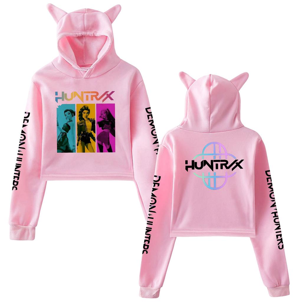 Kpop Demon Hunters Crop Tops Cat Ears 2 Sided Long Sleeve Crop Tops Girls Fashion Hoodie