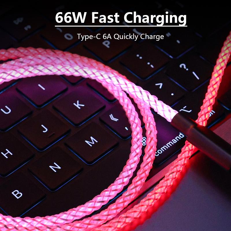 VAORLO 66W 6A datový kabel RGB žhavící nabíjení Rychlé rychlé nabíjení Pro iPhone Type-C USB nabíječka Vysoce kvalitní datový kabel