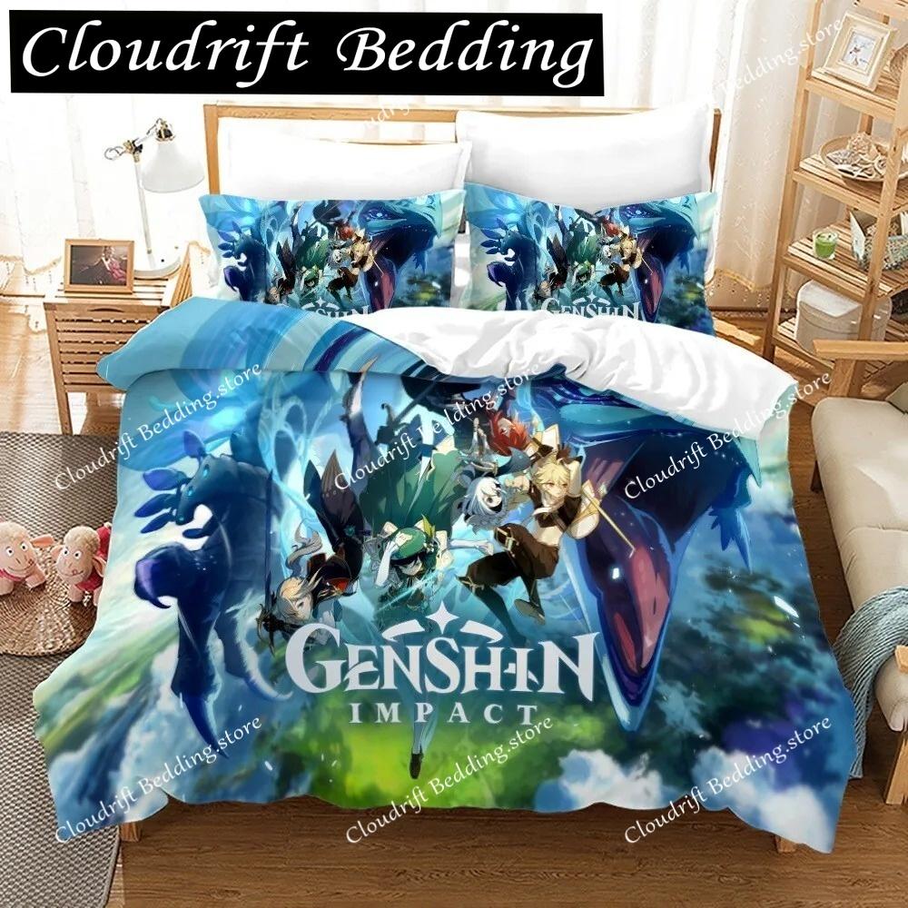 Genshin Impact Bedding Set Cartoon Anime Duvet Cover Single Double Size Kids Boys Luxury 3D Bed Linen Decor Home