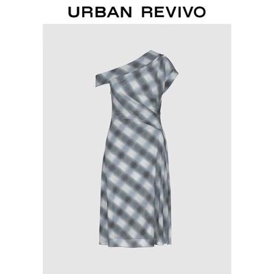 UR Women's Asymmetric Neck Pleated Plaid Sleeveless Dress