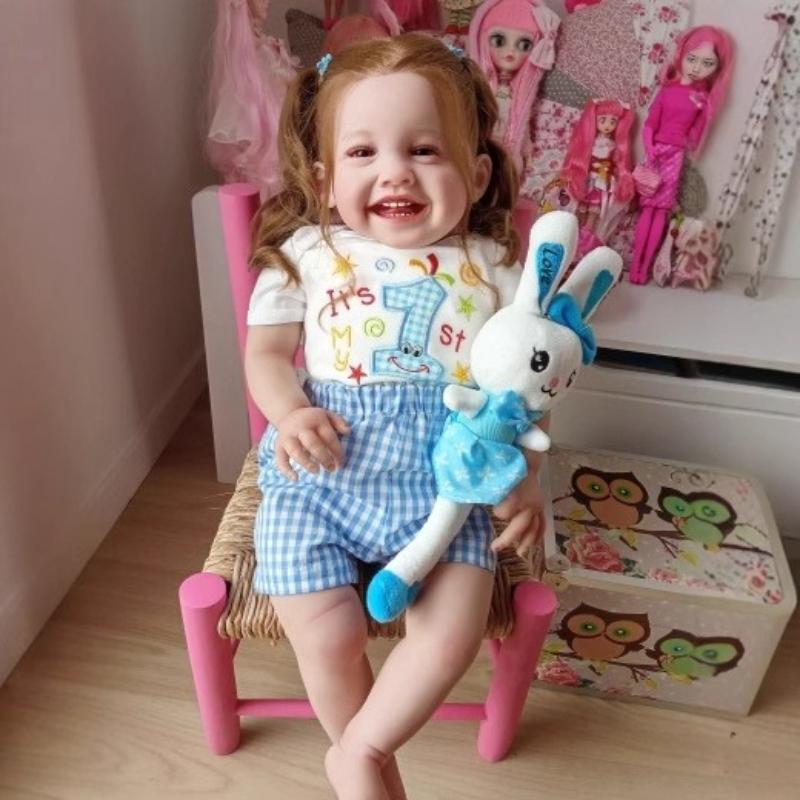 Lebensechte Reborn-Puppe Mila mit bemalter 3D-Haut, 60 cm, Stoffkörper mit PP-Baumwolle, Simulationspuppe, echt aussehende, glücklich lächelnde Babypuppen für Kinder, Weihnachtsgeschenk