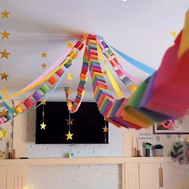 100Pcs/Set Colorful Paper Chain Garland Strips With Double Sided Tape Diy Paper Chains For Birthday Wedding Kids Party Decor