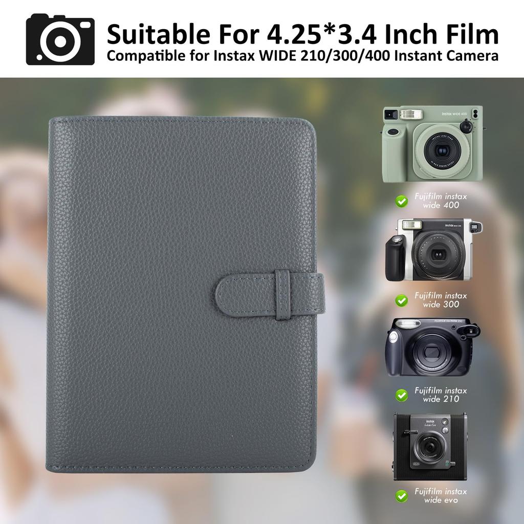 kinokoo for Fujifilm Instax Wide 400 Photo Album, Holds 80 3.4x4.3-inch Photos, Available in 3 Colors, PU Leather (Gray), Birthday Gift