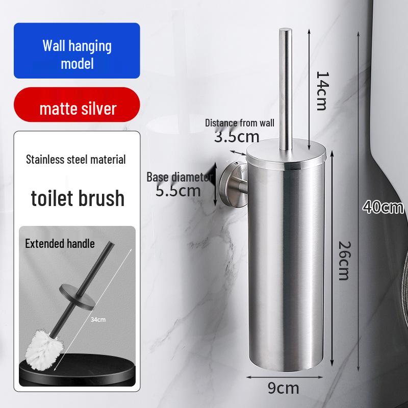 Wall-Mounted Stainless Steel Toilet Brush with Odor-Proof Long Handle and Round Holder for Bathroom Cleaning
