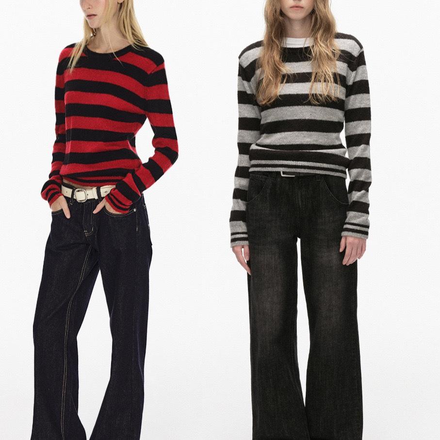 Y2k Aesthetic Sweater Women Grey Striped Long Sleeve Tops