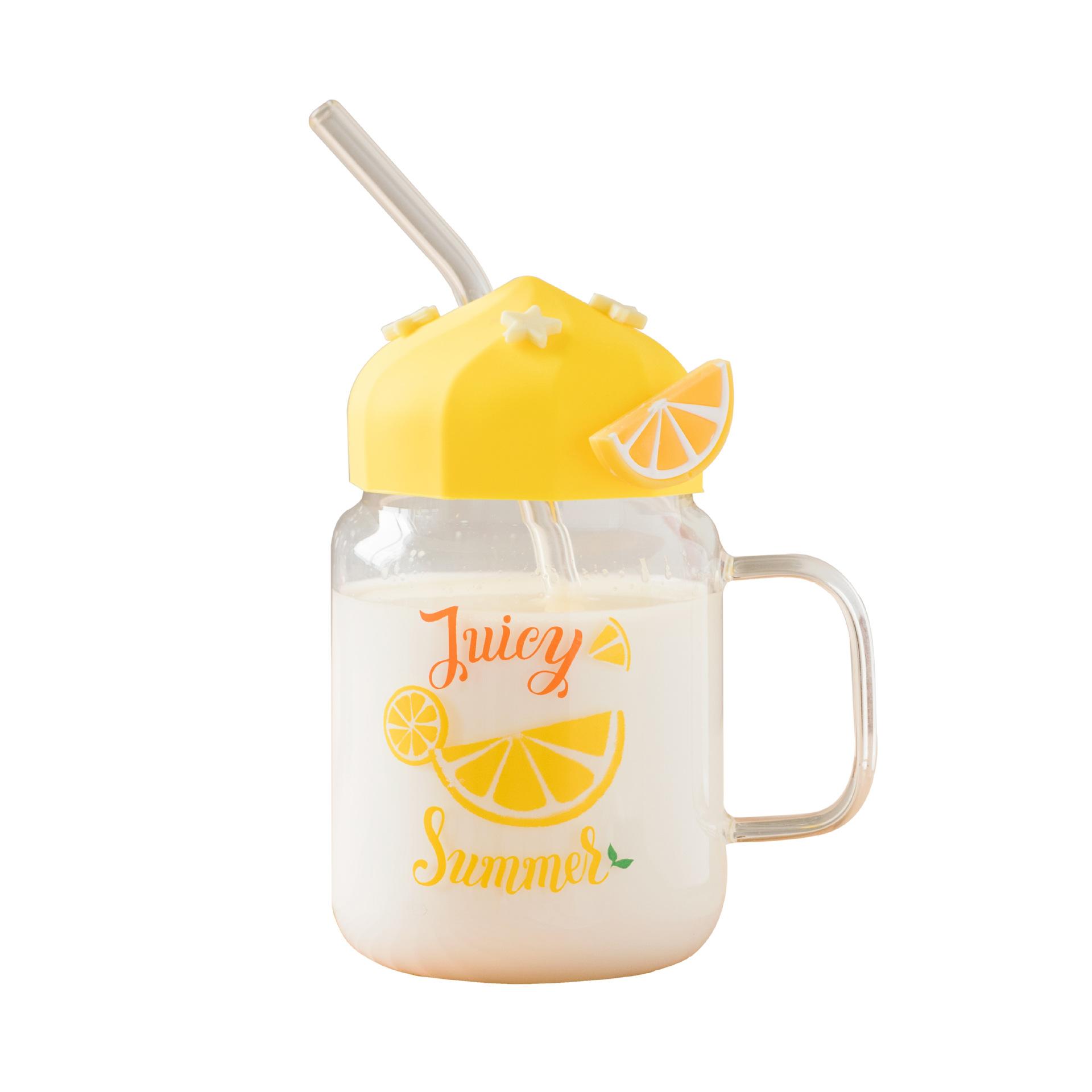 

Красивый Летний Прозрачный Фруктовый Высокотемпературный Стеклянный Стакан Милый Большой Вместимости Крышка Соломинка Студентка Молочный Стакан для Завтрака Офис 501-600ml