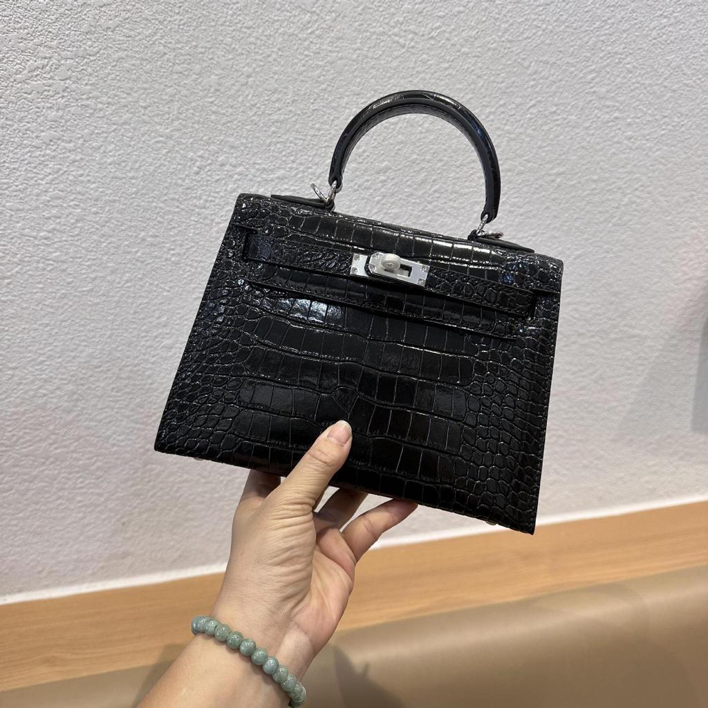Crocodile Pattern Kelly Bag, Women's New Fashionable and Versatile Second Generation Mini Leather Shoulder Cross Carrying Bag