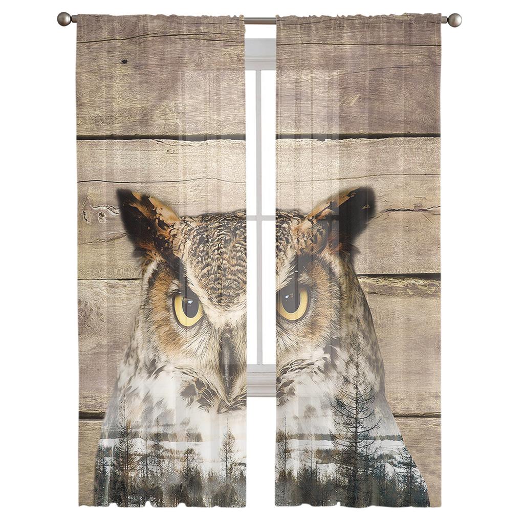 Antique Wood Owl Forest Curtain For Living Room Transparent Tulle Curtains Window Sheer For The Bedroom Accessories Decor