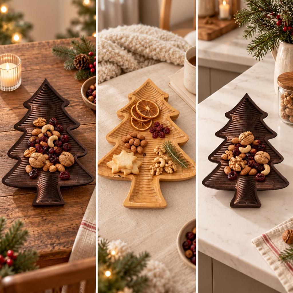 Christmas Tree Shaped Wooden Serving Tray Handcrafted Festive Wood