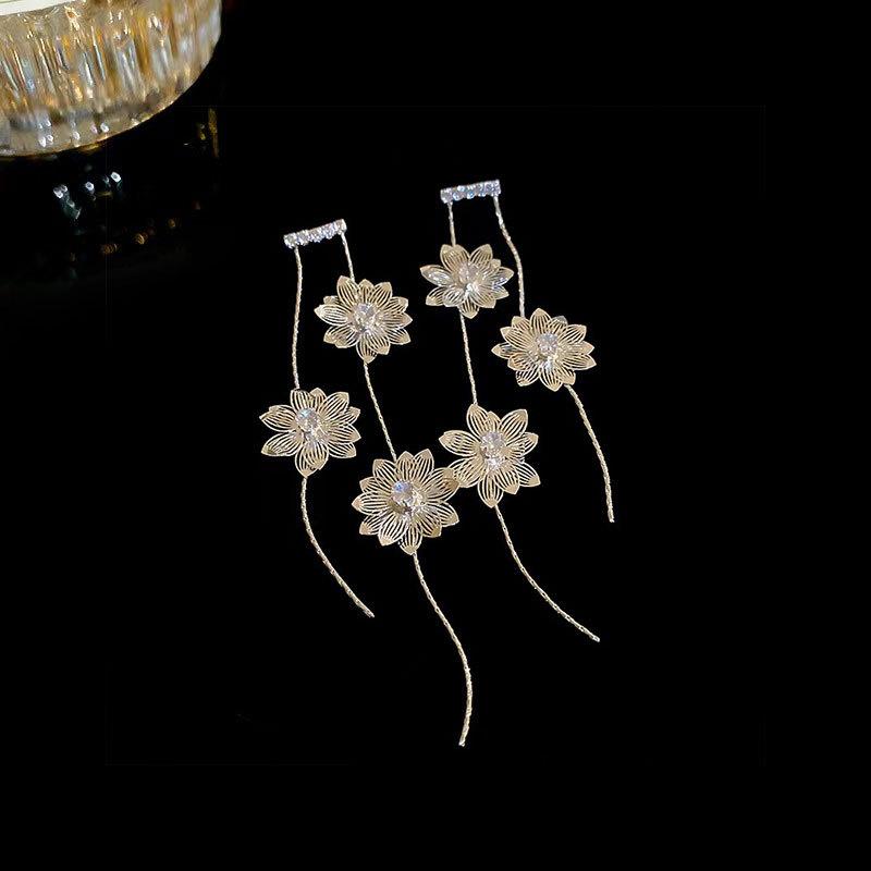 Silver Needle Zircon Hollow Lotus Fringed Earrings High-End Cold Wind Stud Earrings Niche Design Earrings