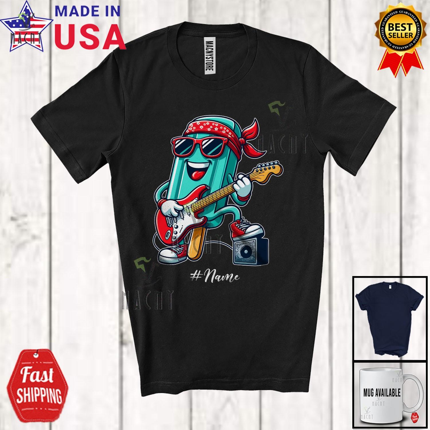 Custom Name Ice Cream Playing Bass Electric Guitar; Joyful Rockstar Music Shirt S разноцветный