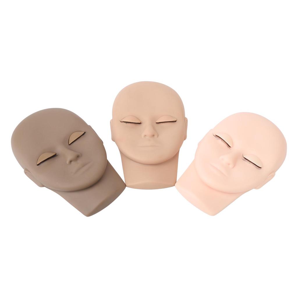 3pcs Eyelash Extension Face Mannequin Removable Eyelids Makeup Practice Face Model Dark Brown Light