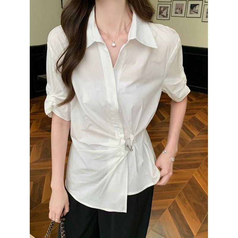 South Korea Dongdaemun Summer New Arrival Work Clothing Business Ol White with Lapel Asymmetrical Short Sleeve Shirt Top Easiest for Match Women