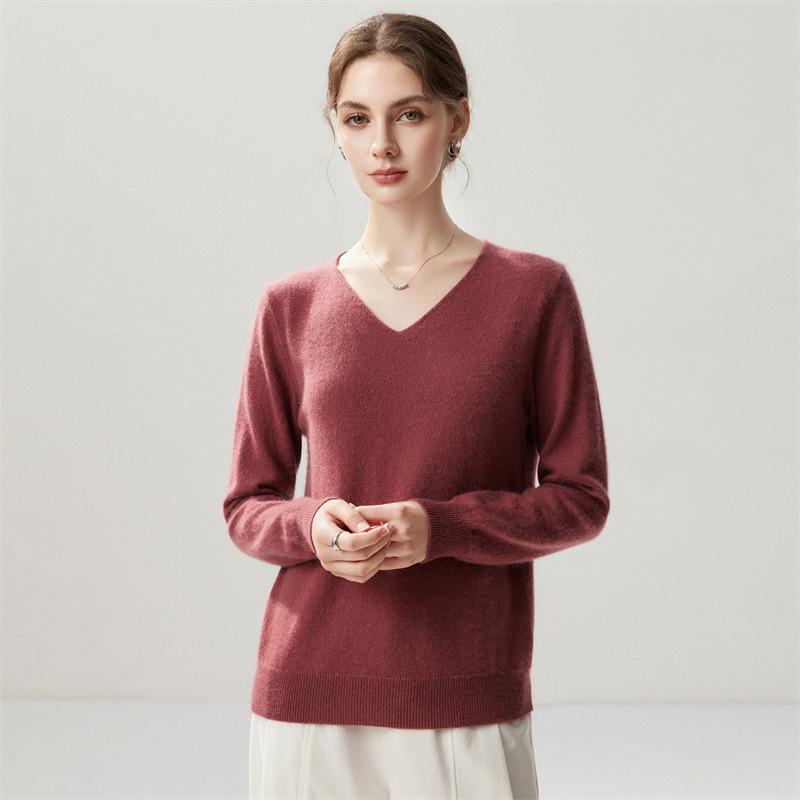 Lekasha Women's Cashmere Goat Wool V-Neck Pullover: Autumn/Winter Plain, Solid Color, Loose Fit Base Layer.