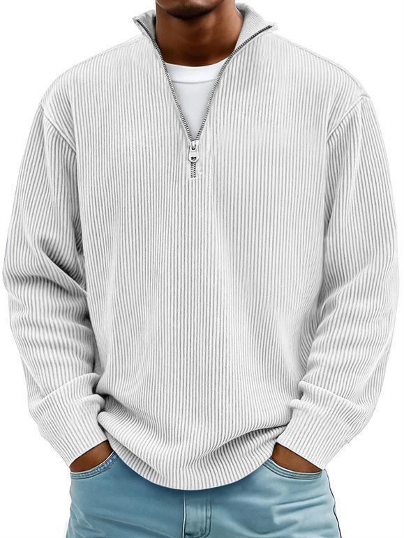 

Men s 2025 Autumn/Winter Corduroy Stand-Up Collar Zipper Polo Long Sleeve Hoodie S білий