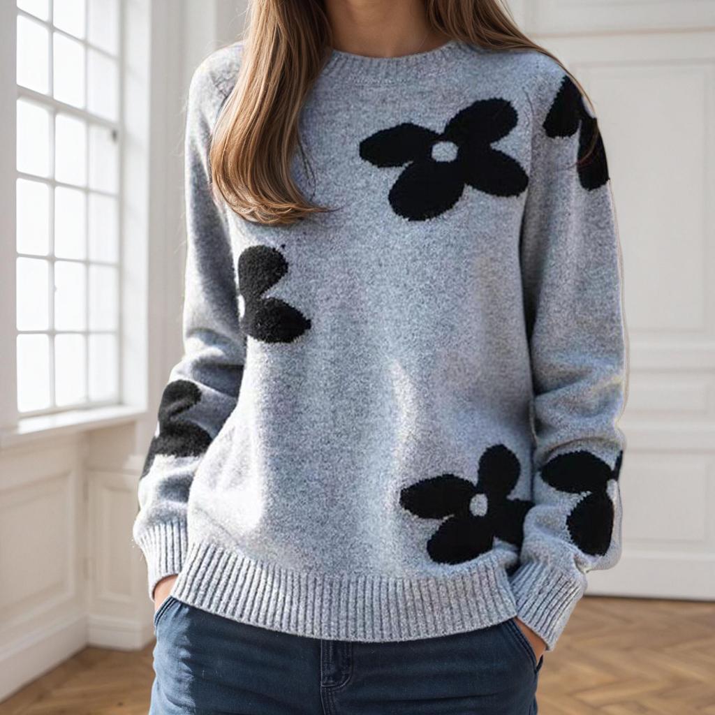 2025 Autumn/Winter Color Block Floral Jacquard Knit Pullover Sweater
