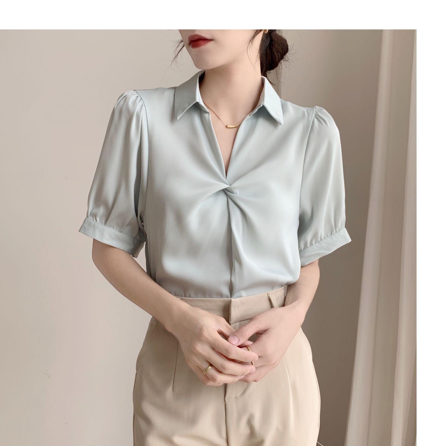 

Летняя драпированная блузка с коротким рукавом, профессиональный легкий зрелый стиль, женские блузки и рубашки XL