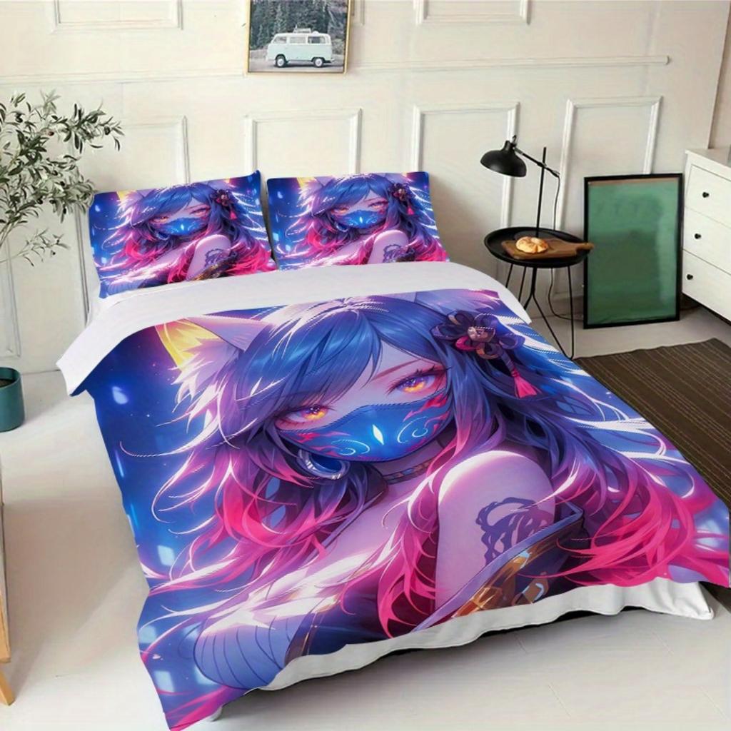 Comforter 2/3 Piece Set Set With 2D Fox Ear Girl Anime Print Pattern Set Includes And