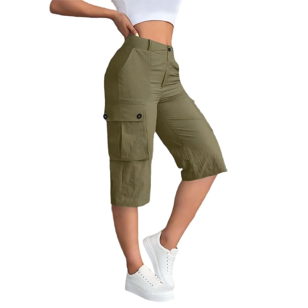 Damen Mid-Waist Relaxed Fit Cargo-Shorts mit elastischem Bund hinten, Knopf- und Reißverschluss, Mehrere Taschen