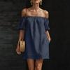 Damen Schulterfreies Kurzarm Lockeres Baumwoll-Leinen-Kleid Lässiges Pullover-Design mit Entspanntem und Bequemem Stoff