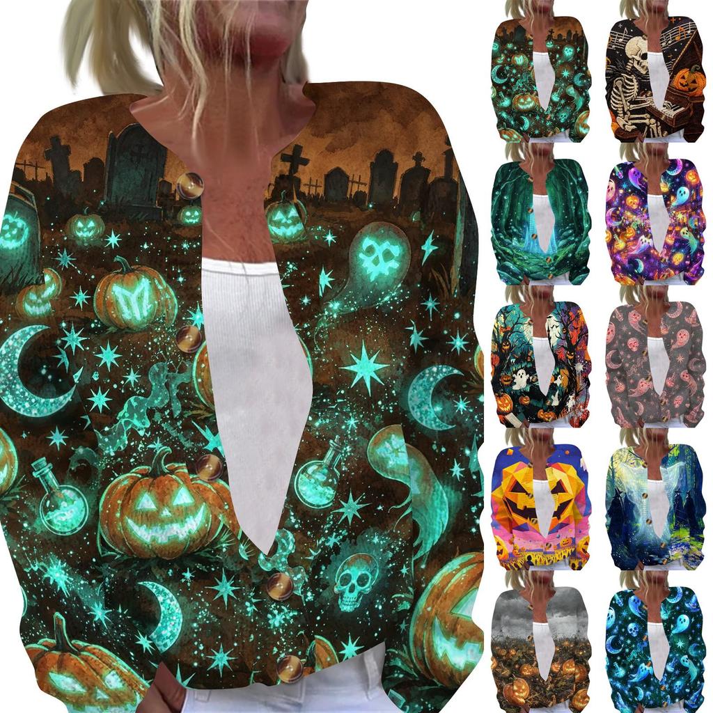 Women's Halloween Long Sleeve Knit Cardigan Button Up Sweater Skeleton and Pumpkin Musical Print Lightweight Outerwear for Fall and Winter