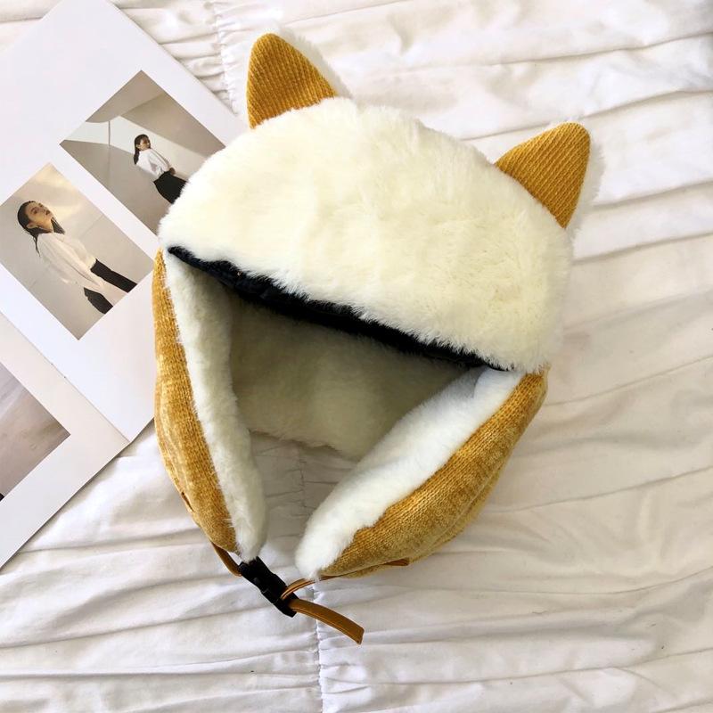 Cat ears Lei Feng hat female cute autumn and winter windproof winter cold warm versatile corduroy cotton hat