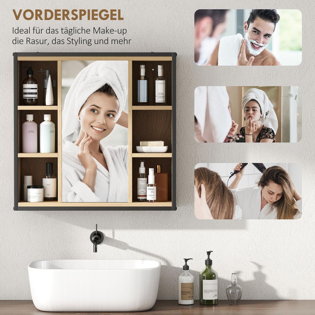 Badezimmerspiegel-Schrank, 6 offene Fächer, 3-stufiges Regal, Wandmontage, Eiche