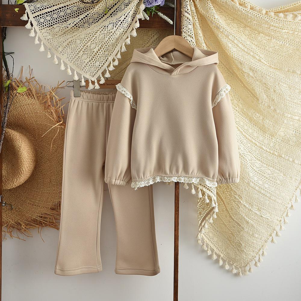 Autumn Girls' Lace Hooded Sweatshirt Set - Korean Style Two-Piece Outfit