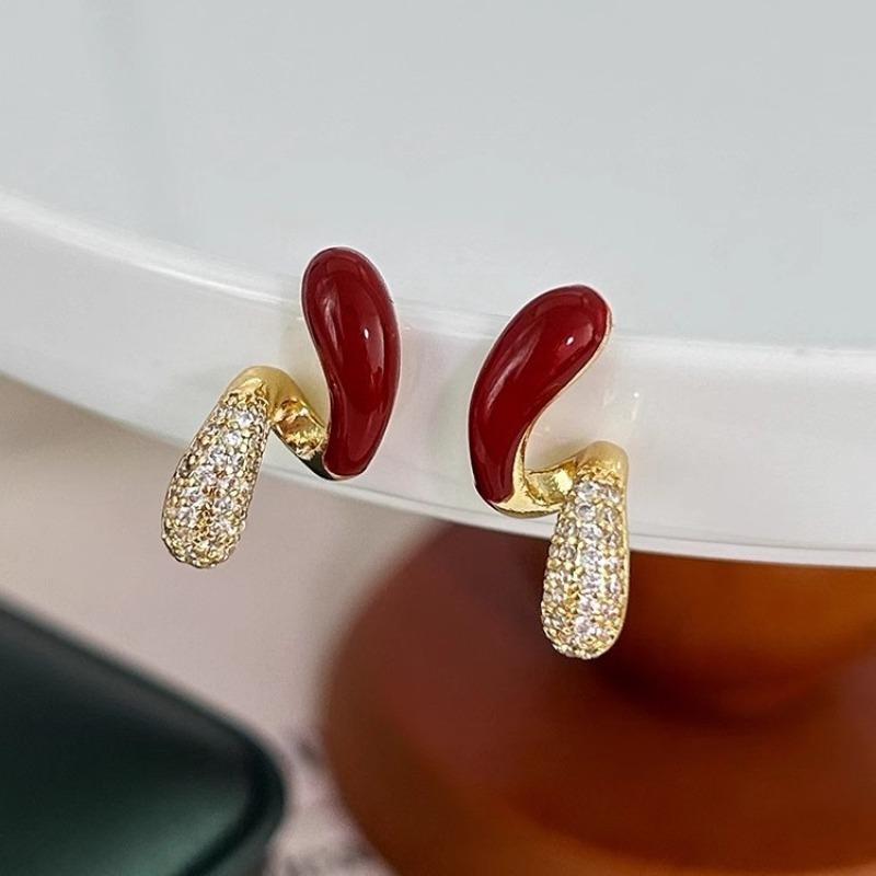 New Year's red rhinestone stud earrings women's sterling silver niche design high-end earrings New Year's popular earrings