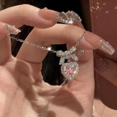 Colar de coração rosa brilhante Y2K para mulheres, doce, legal, adolescentes, Kpop, laço, strass, delicado, corrente de clavícula, gargantilha, joias de festa