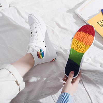 Zapatillas de Verano para Hombre y Mujer Lona Blanca Arcoíris Zapatos de Caña Alta Moda Sneaker Mujer Planos Vulcanizados Adecuados para el Uso Diario y Diversas Ocasiones