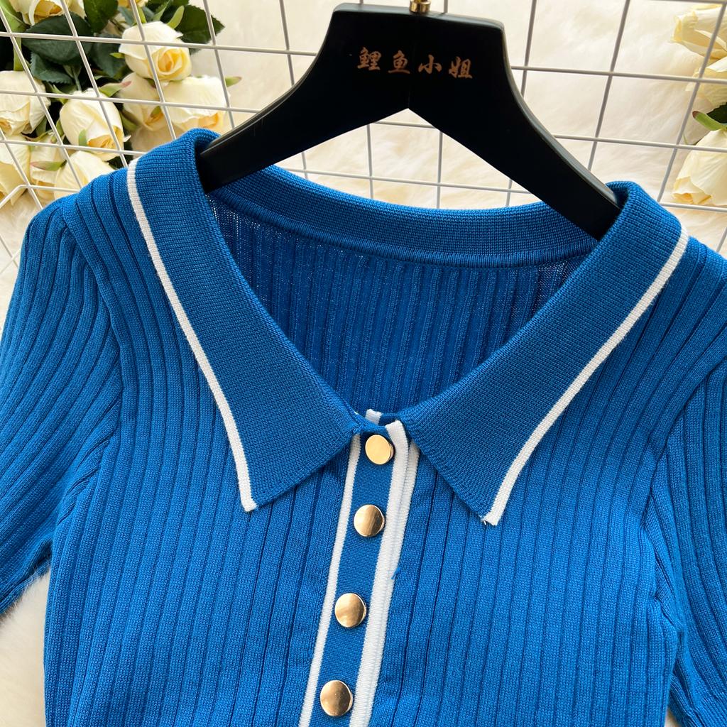New Summer Women's Polo Knitted Dresses Colorblock Elegant Short Sleeve Buttons Bodycon Wrap Dress Female Dress