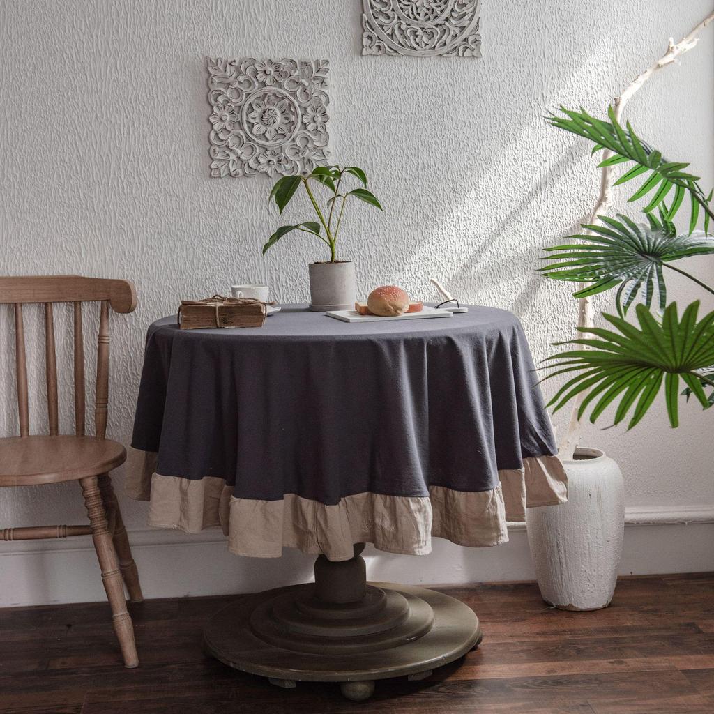 Imanqi Yun Grey Ruffle Washable Cotton Round Tablecloth