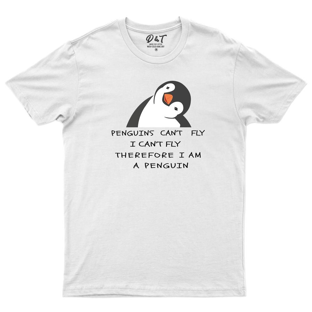 I Cant Fly Therefore I Am A Penguin Unisexs T Shirt Funny Lettering Saying Tee Top