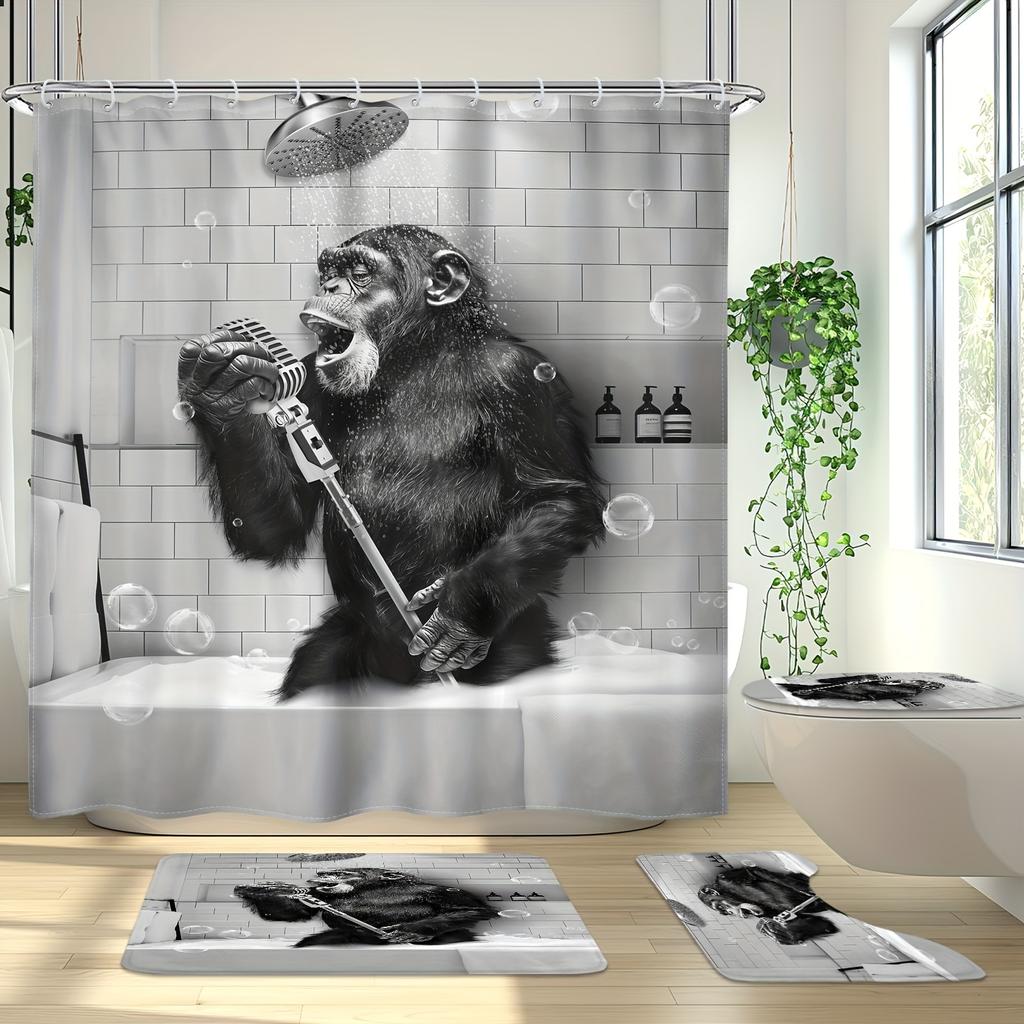 1pc/4pcs - Funny Monkey Shower Curtain Set, Black and White Animal Chimpanzee Singing in Bathtub, Mens Modern CoolBathroom Decor