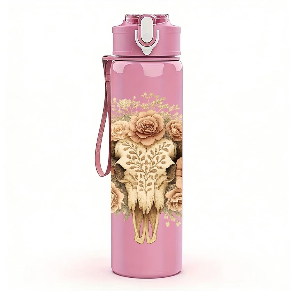 1PC Western Bull Skull Horn 750ml Color Plastic Sports Water Bottle Leakproof Flip Straw Lid Suitable for Sports Office Home Use
