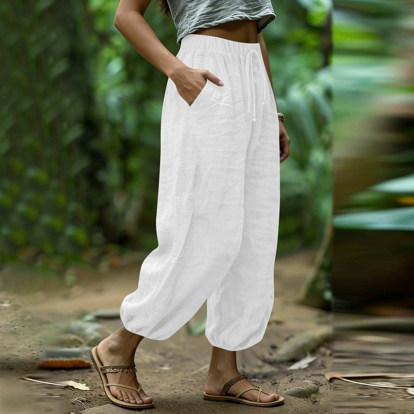 Women Loose Fit Elastic Waist Drawstring Linen Pants with Pockets Casual Baggy Harem Trousers for Everyday Wear XL белый