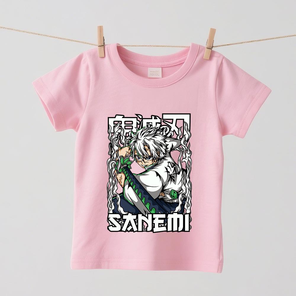 Demon Slayer Sanemi Anime Print Cotton T Shirts for Boys Girls Summer Casual Short Sleeve Tops Kids Daily Wear