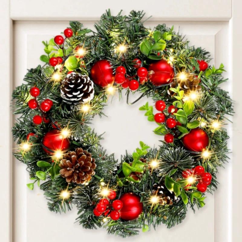 Christmas Wreath Decoration Pine Needles, Pinecones, Red Berries Door Hanging Holiday Atmosphere Decorative Accent