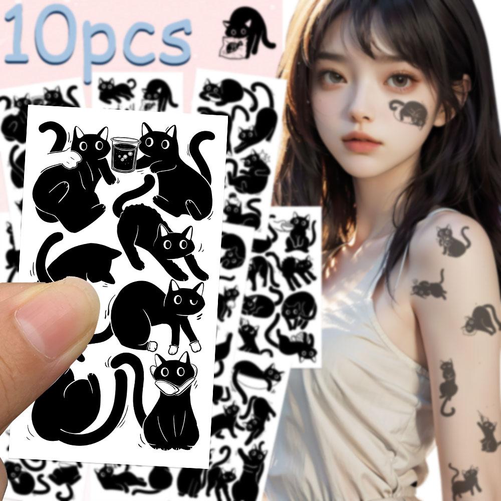 10 foi Autocolante de tatuaj cu pisică neagră drăguță de desene animate pentru mână, braț, corp, autocolante decorative, impermeabile, pentru copii, jucării creative, cadouri