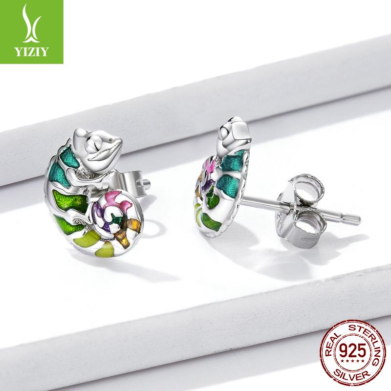 Yin Ziyun Platinum-Plated Chameleon Earrings: Cute Animal S925 Silver for Men & Women - Model BSE587